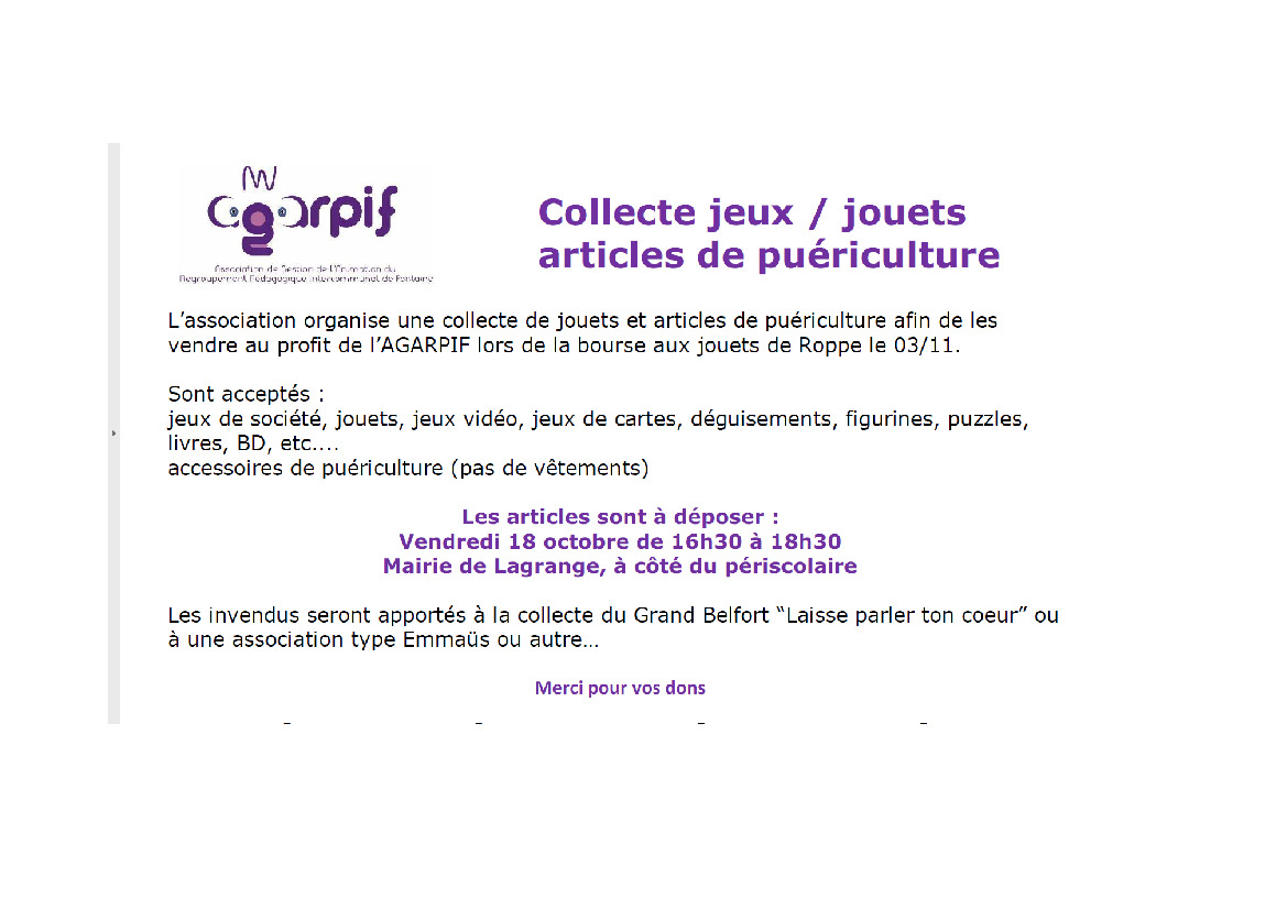 collecte de jouets par AGARPIF