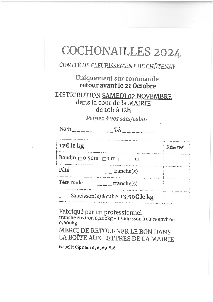 Comité de Fleurissement de Châtenay : vente de cochonailles