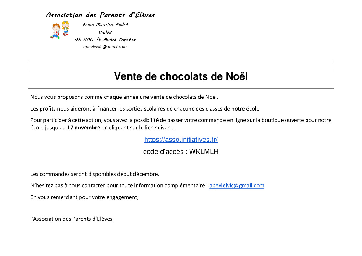 INFO - APE ECOLE DE VIELVIC - vente de Chocolats