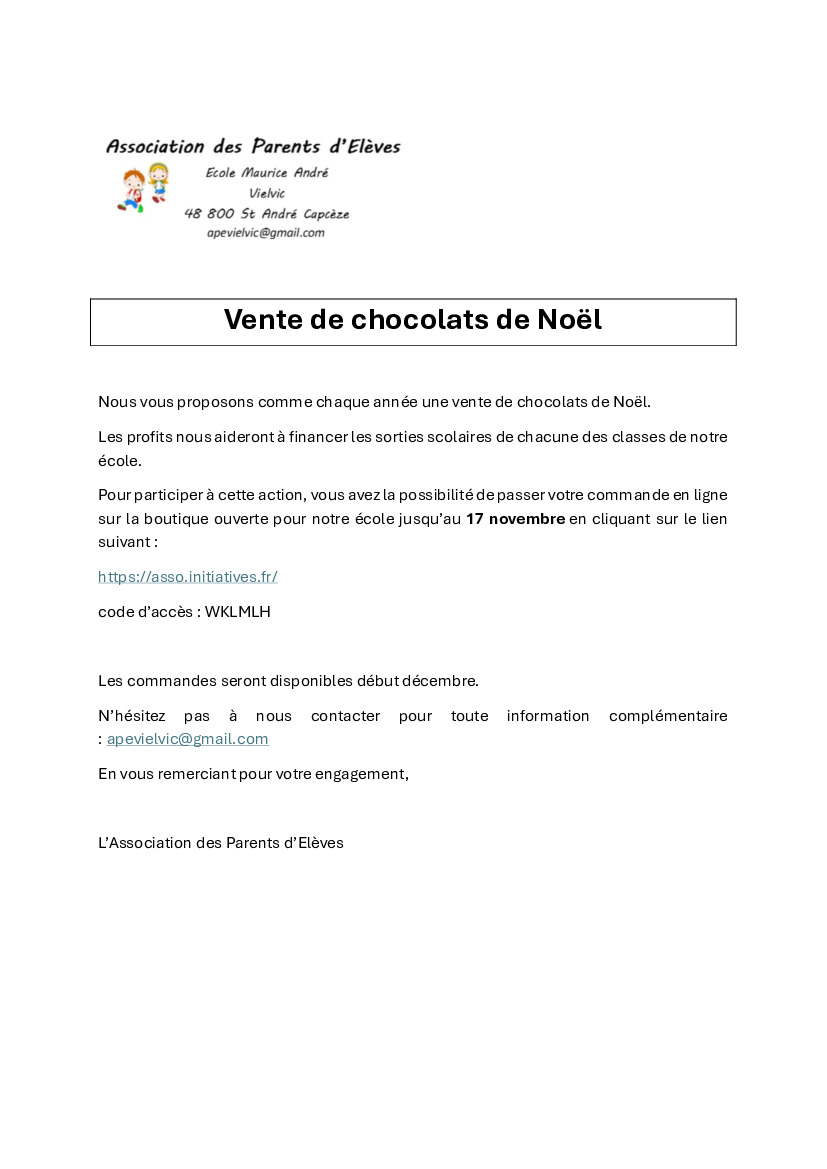 INFO - APE ECOLE DE VIELVIC - vente de Chocolats