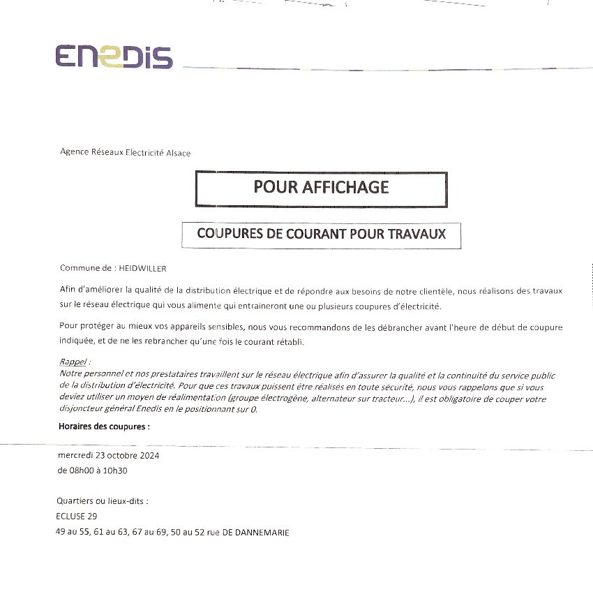 ENEDIS : COUPURES DE COURANT POUR TRAVAUX A HEIDWILLER