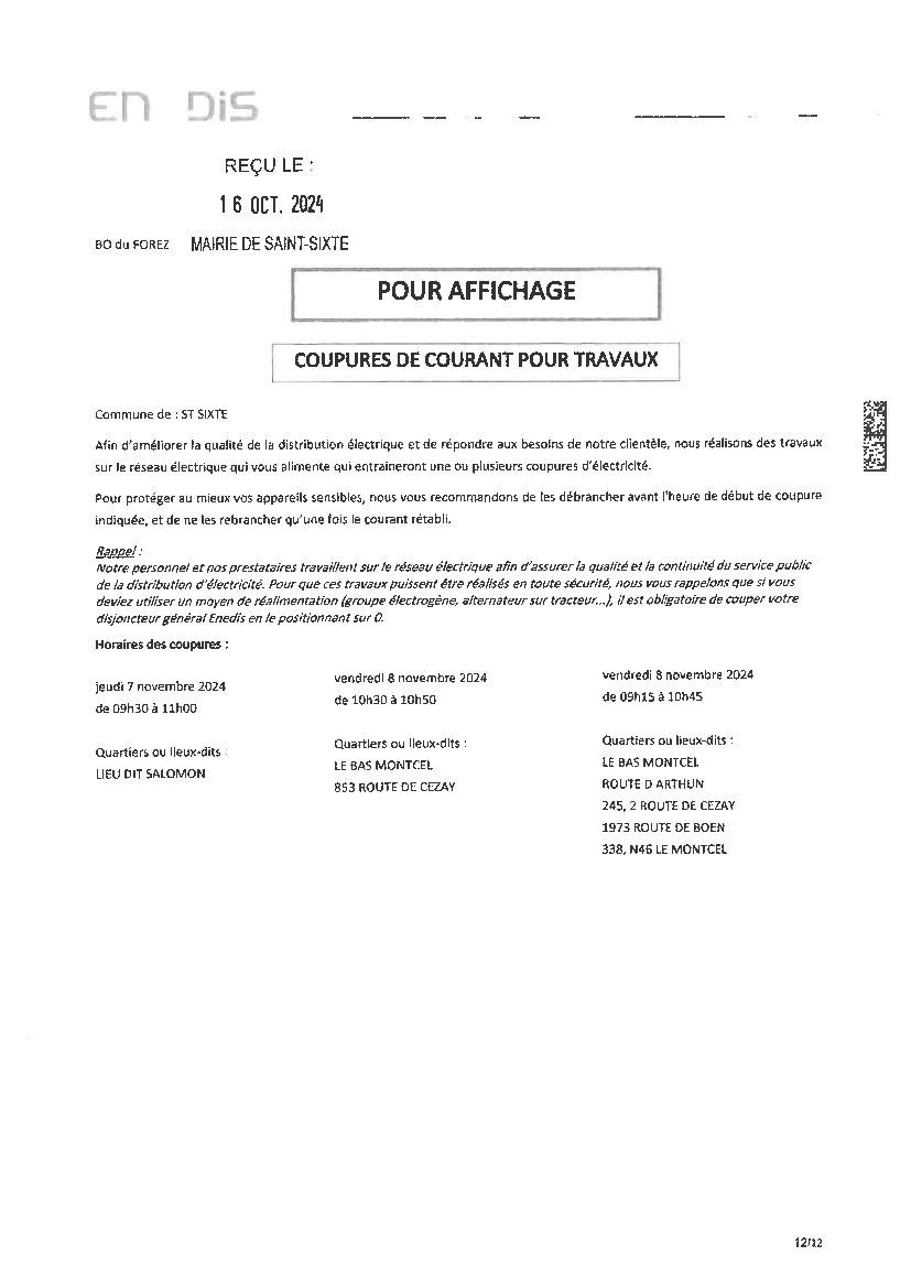 INFORMATION : coupures de courant pour travaux