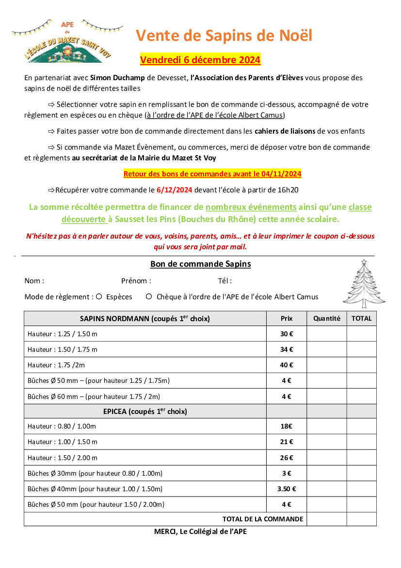 École du Mazet, vente de sapins de Noël