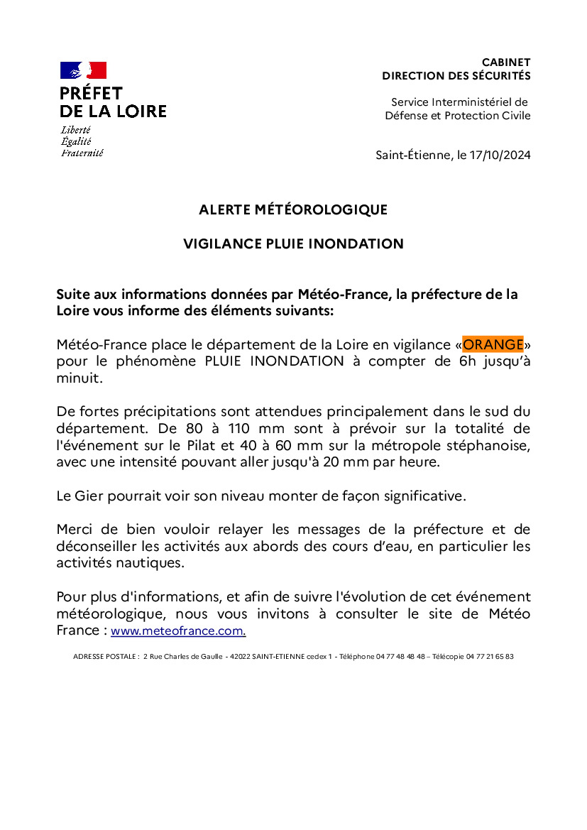 LE DEPARTEMENT EN VIGILANCE ORANGE PLUIE-INONDATION CE JOUR