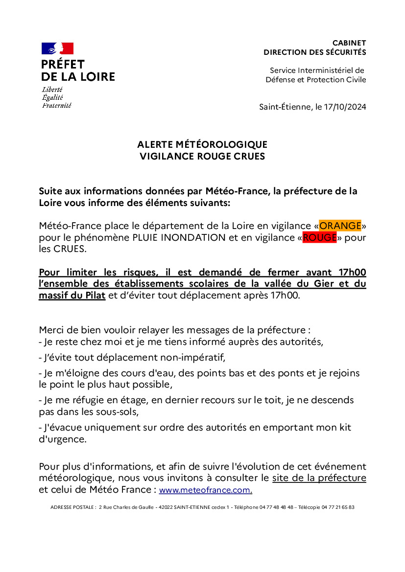 Vigilance ROUGE Crue  et ORANGE Pluie inondations Loire