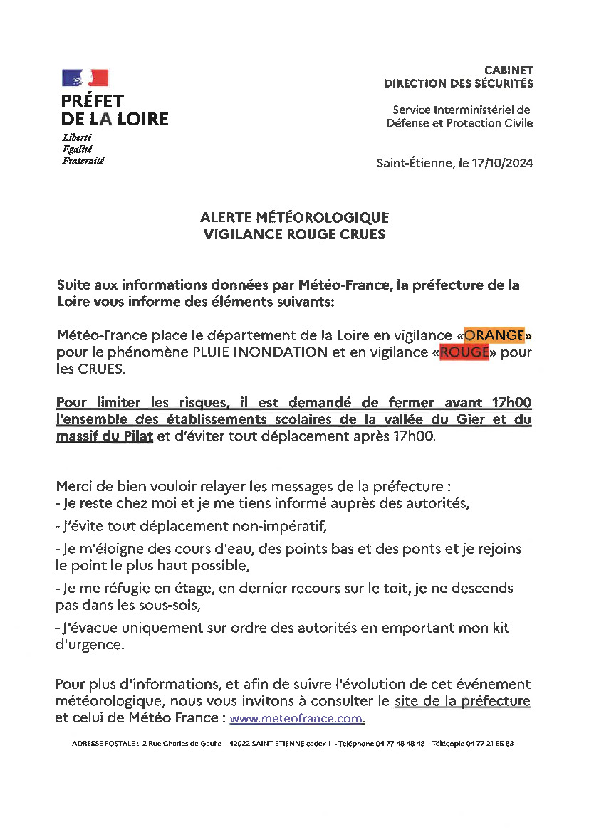 Vigilance ROUGE Crue et ORANGE Pluie inondations Loire