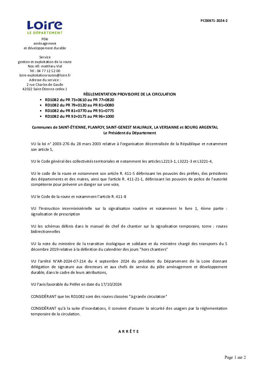 Arrêté temporaire du département de la loire