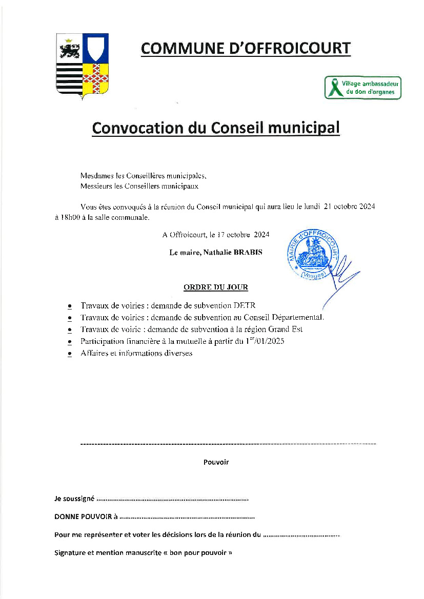 Conseil municipal du 21 octobre 2024