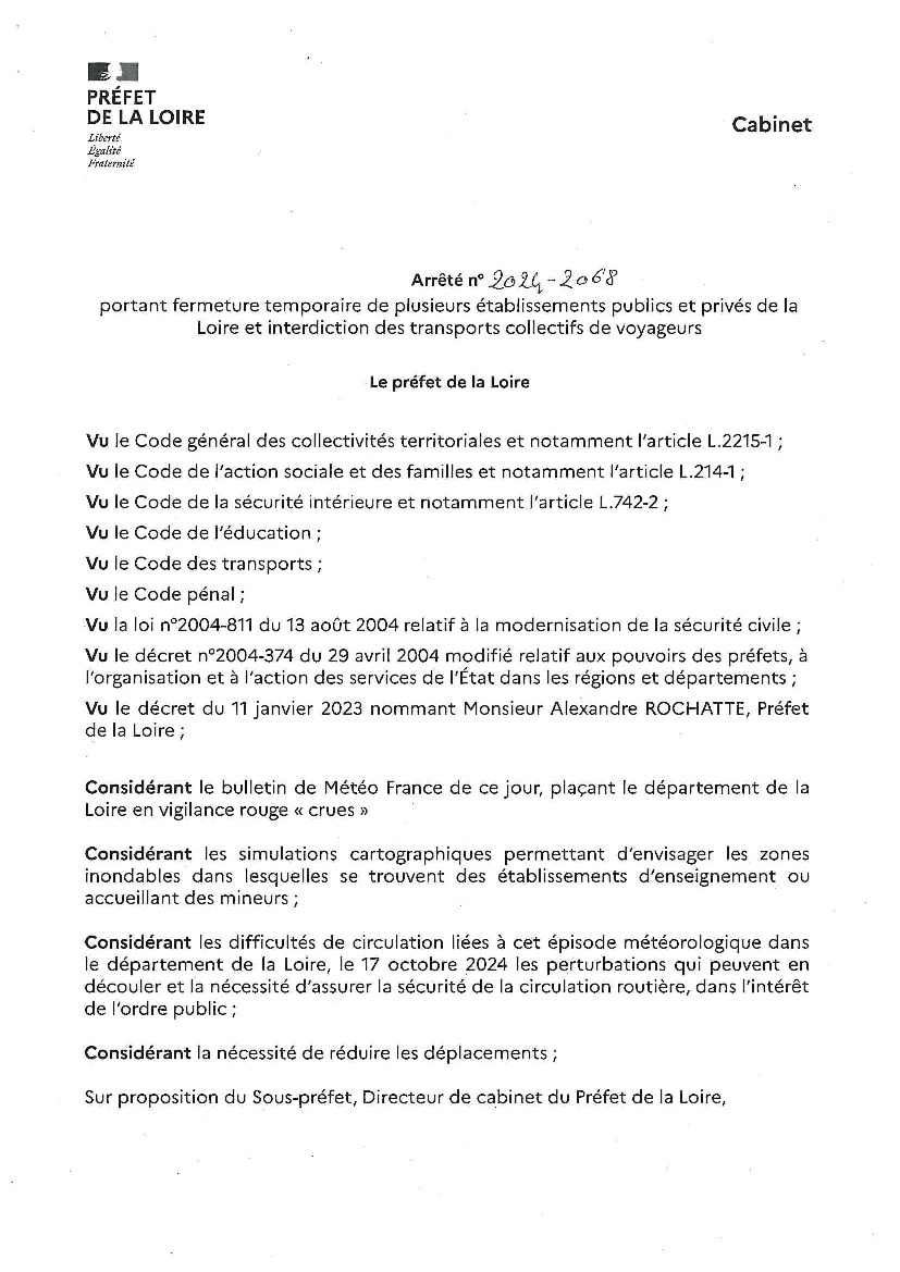 Arrêter Préfectoral:fermeture des écoles et vigilance rouge