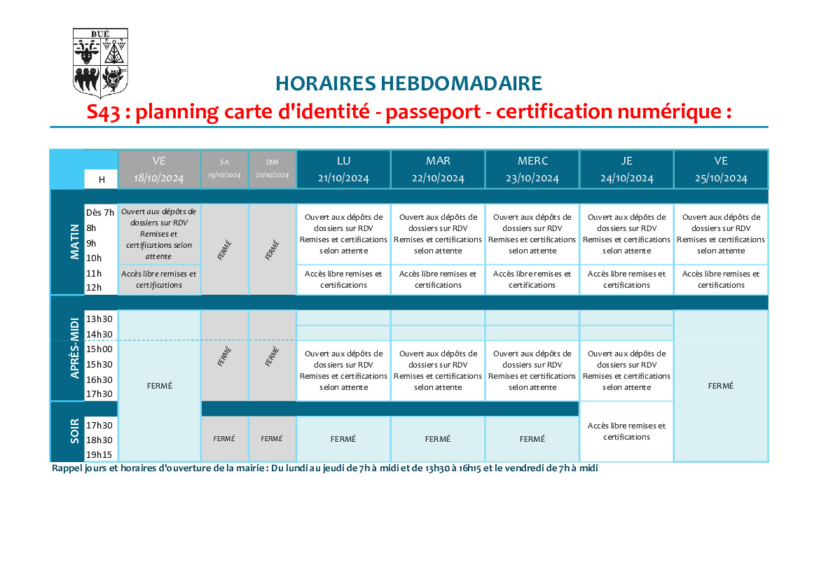 Planning d'ouverture S43