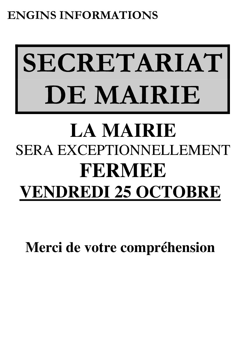 Fermeture mairie vendredi 25 octobre