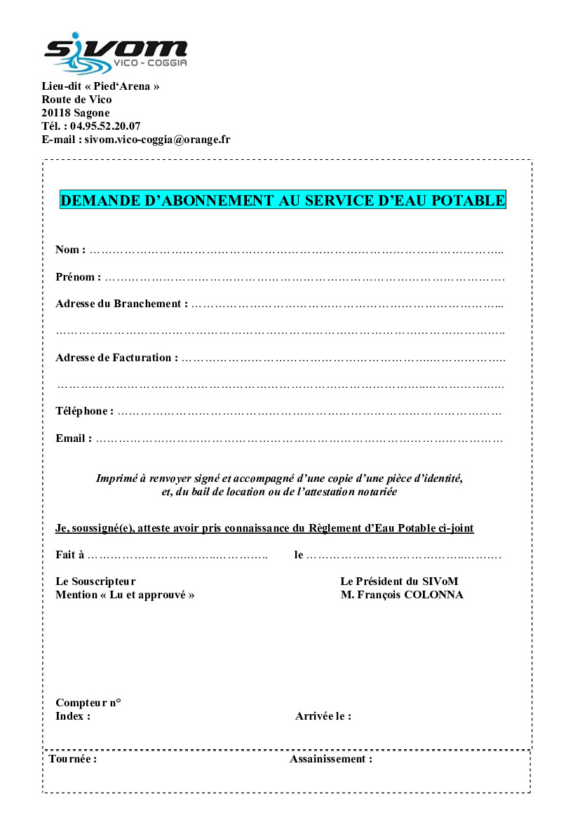 ABONNEMENT AU SERVICE D'EAU POTABLE - SIVOM VICO COGGIA