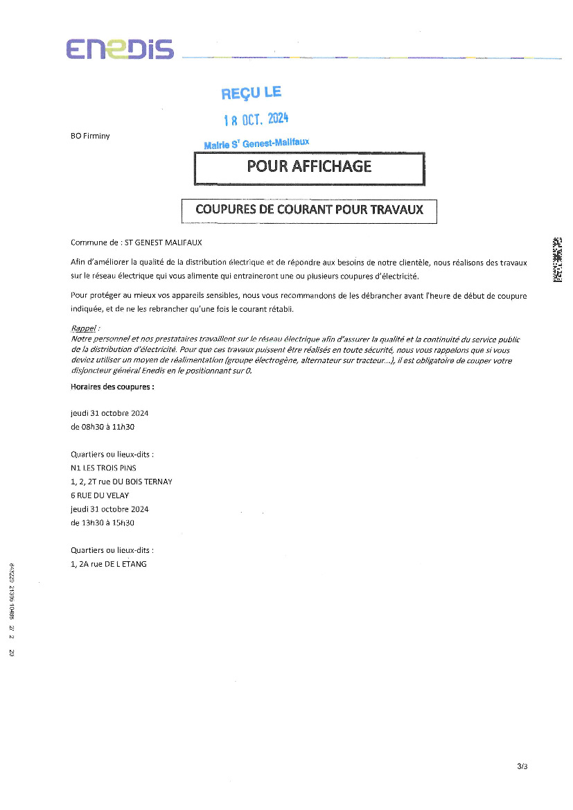 31 octobre :Coupure de courant pour travaux