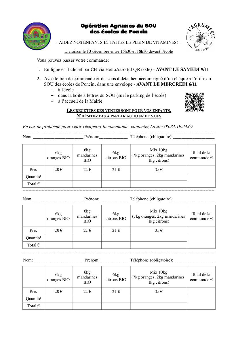 Vente d'agrumes du sou des écoles de Poncin