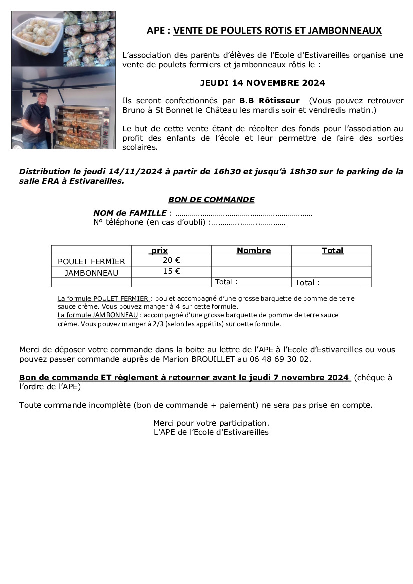 Vente de poulets rôtis et jambonneaux - Jeudi 14-11-24