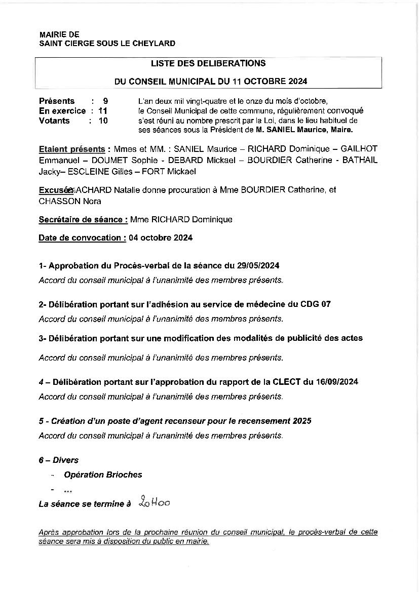 Liste des délibération du Conseil municipal du 11/10/2024