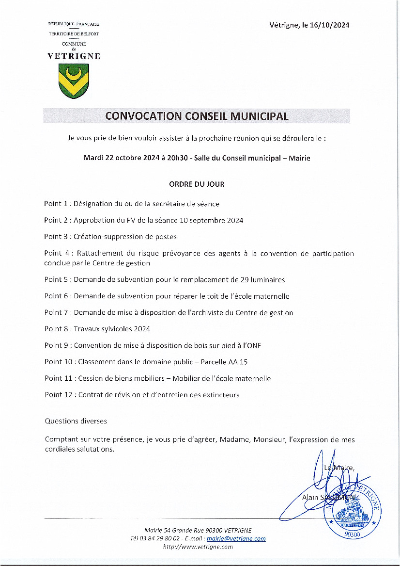 Conseil municipal du 22 octobre à 20h30