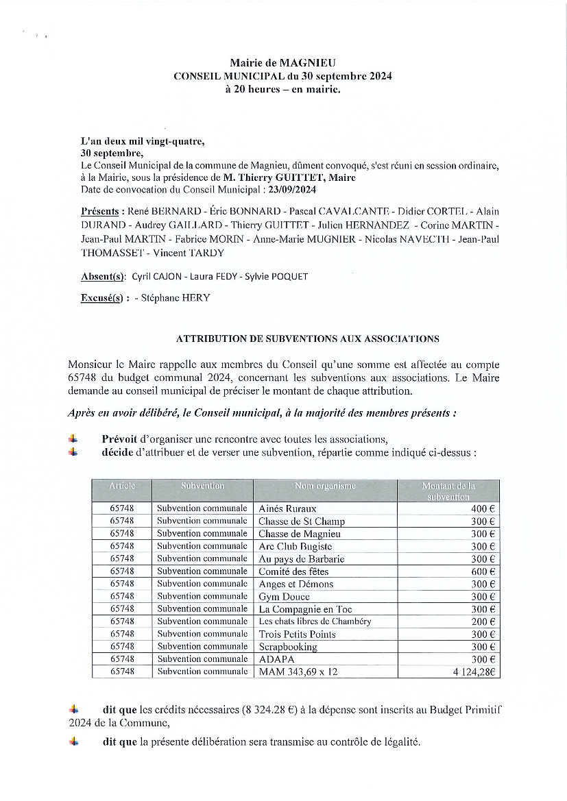 Compte rendu du conseil municipal du 30 septembre 2024