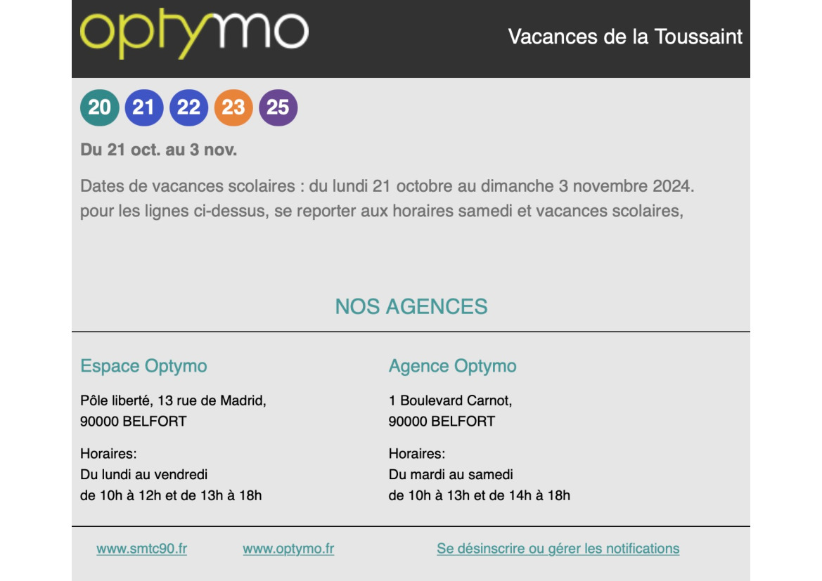 OPTYMO : Horaires vacances de la Toussaint :