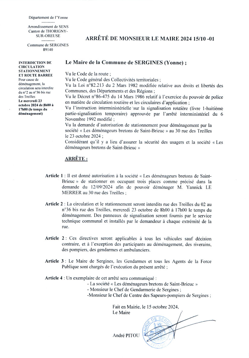 arrêté du Maire : arrêté de circulation et route barrée