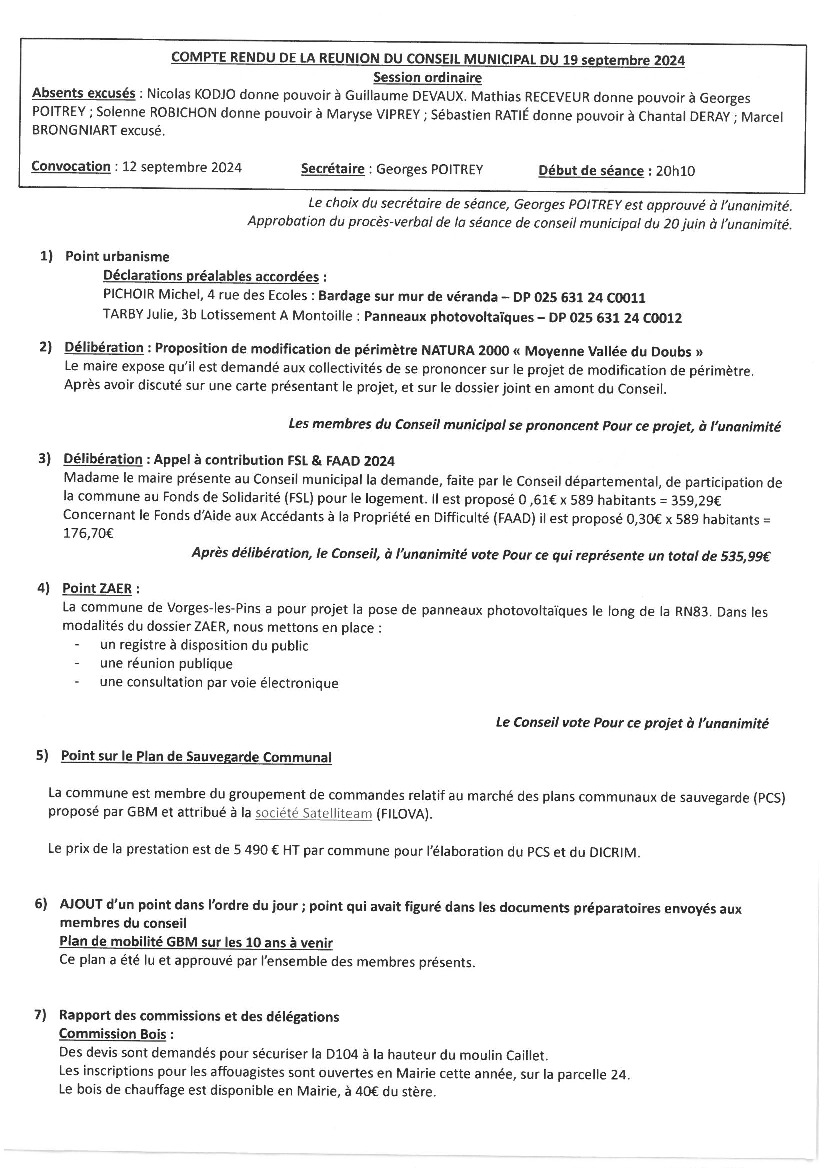 COMPTE RENDU DE LA REUNION DU CM DU 19 SEPTEMBRE