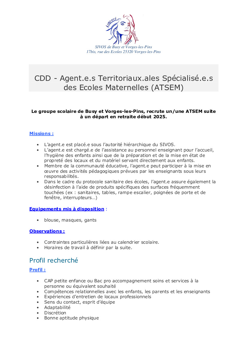 RECRUTEMENT - ATSEM ECOLE VORGES/BUSY