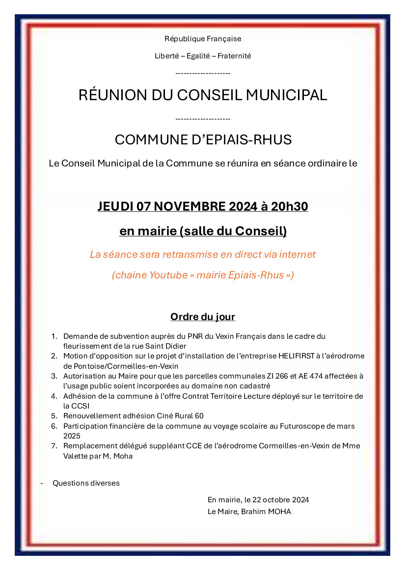 CONSEIL MUNICIPAL DU 7 NOVEMBRE- ORDRE DU JOUR