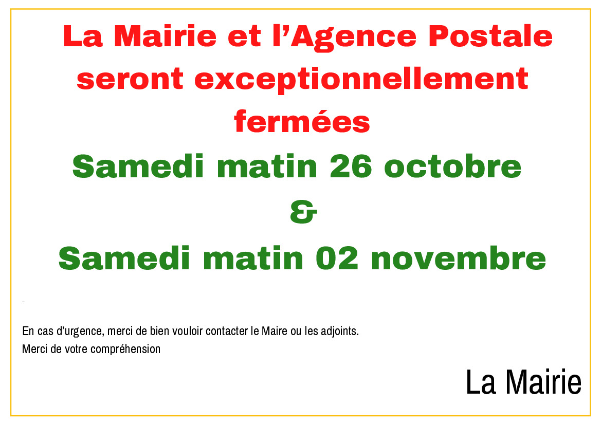 Fermeture exceptionnelle Mairie - Samedi 26/10 et 02/11