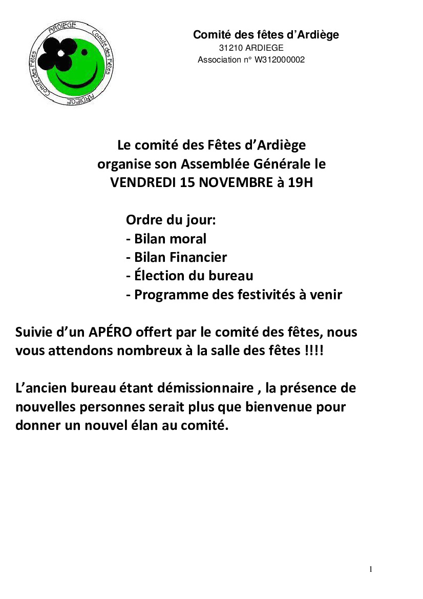 Assemblée générale Comité des Fêtes Vendredi 15 novembre 24