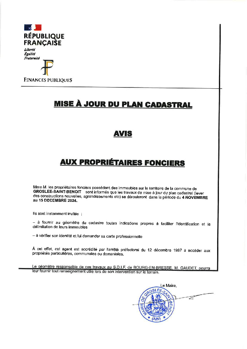 INFORMATION IMPORTANTE : mise à jour du plan cadastral