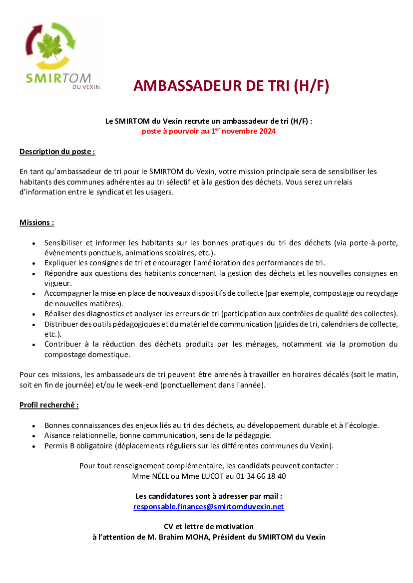 LE SMIRTOM RECRUTE UN AMBASSADEUR DE TRI