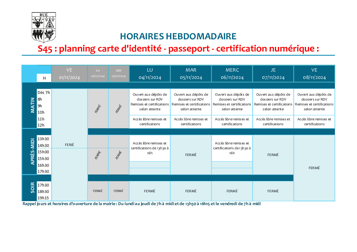 Planning d'ouverture S45