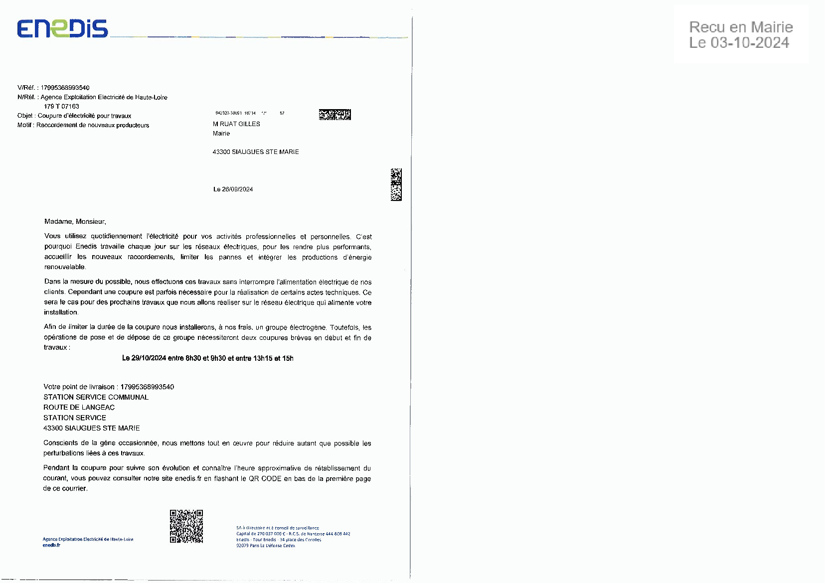 COUPURE DE COURANT POUR TRAVAUX ENEDIS