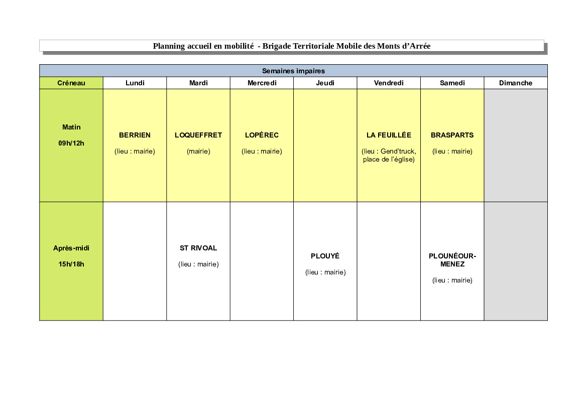 brigade mobile des monts d'Arrée - planning des permanences