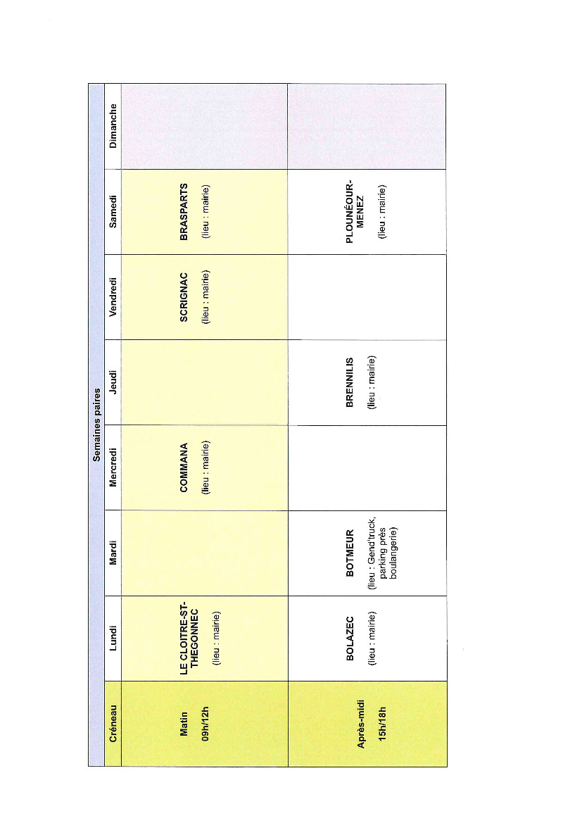 brigade mobile monts d'Arrée - planning semaines paires