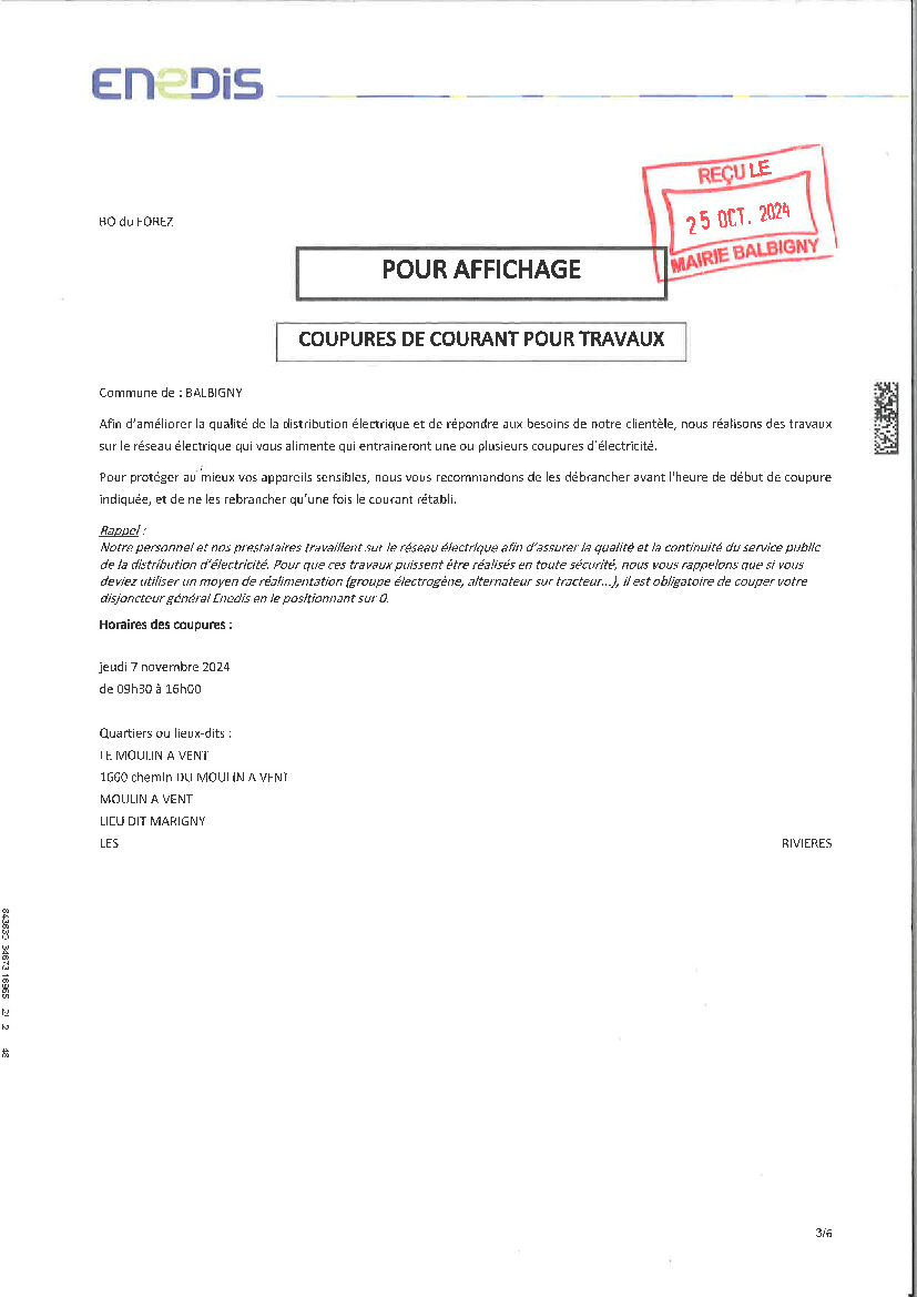 Coupures de courant pour travaux - ENEDIS