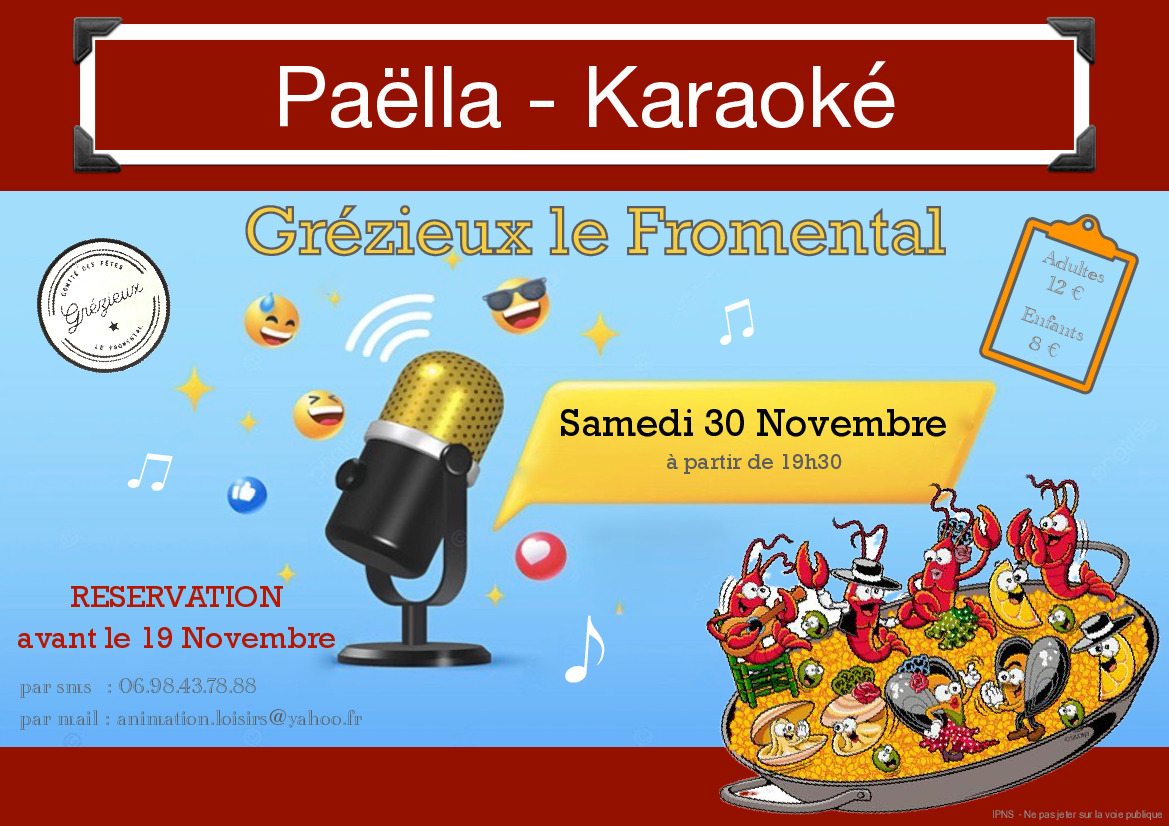 SAMEDI 30 Novembre à partir de 19H30 : SOIREE KARAOKE PAELLA