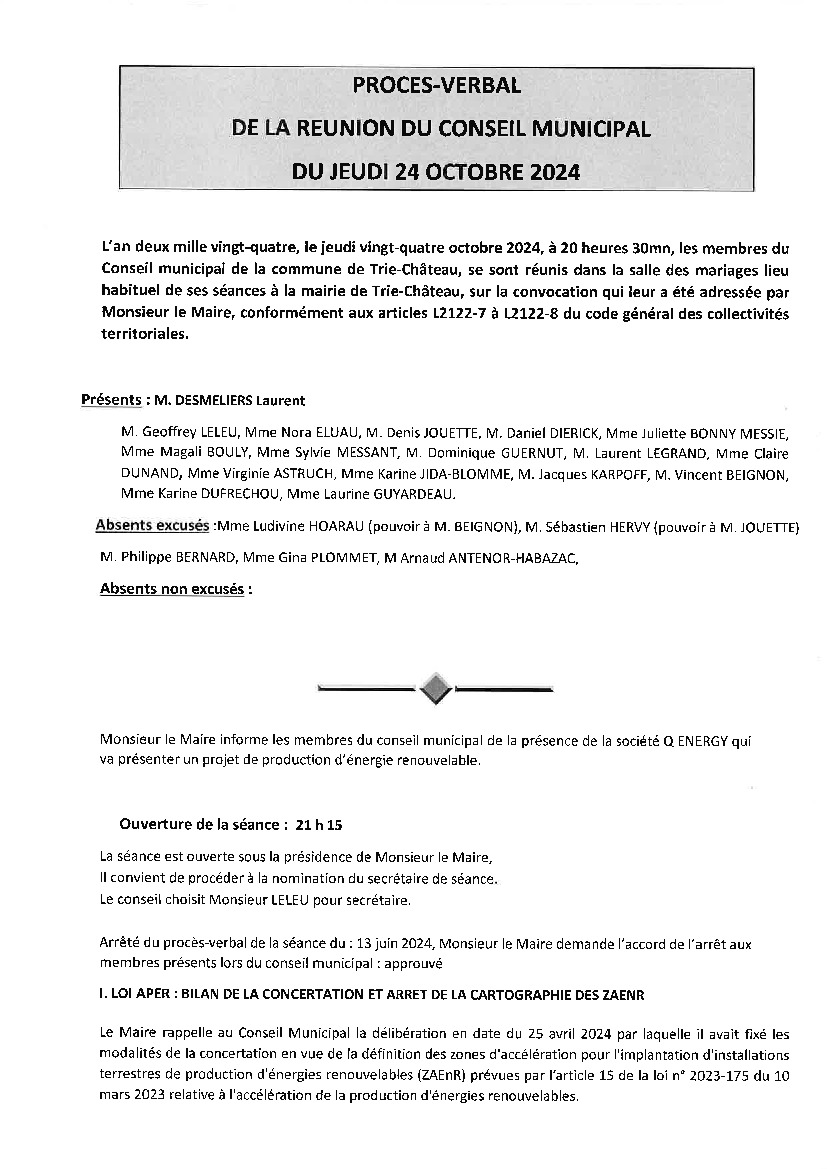 Compte-rendu du conseil municipal du jeudi 24 octobre 2024.