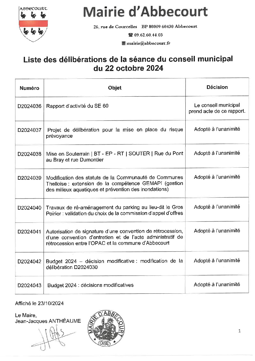 Liste des délibérations du conseil municipal du 22/10/2024