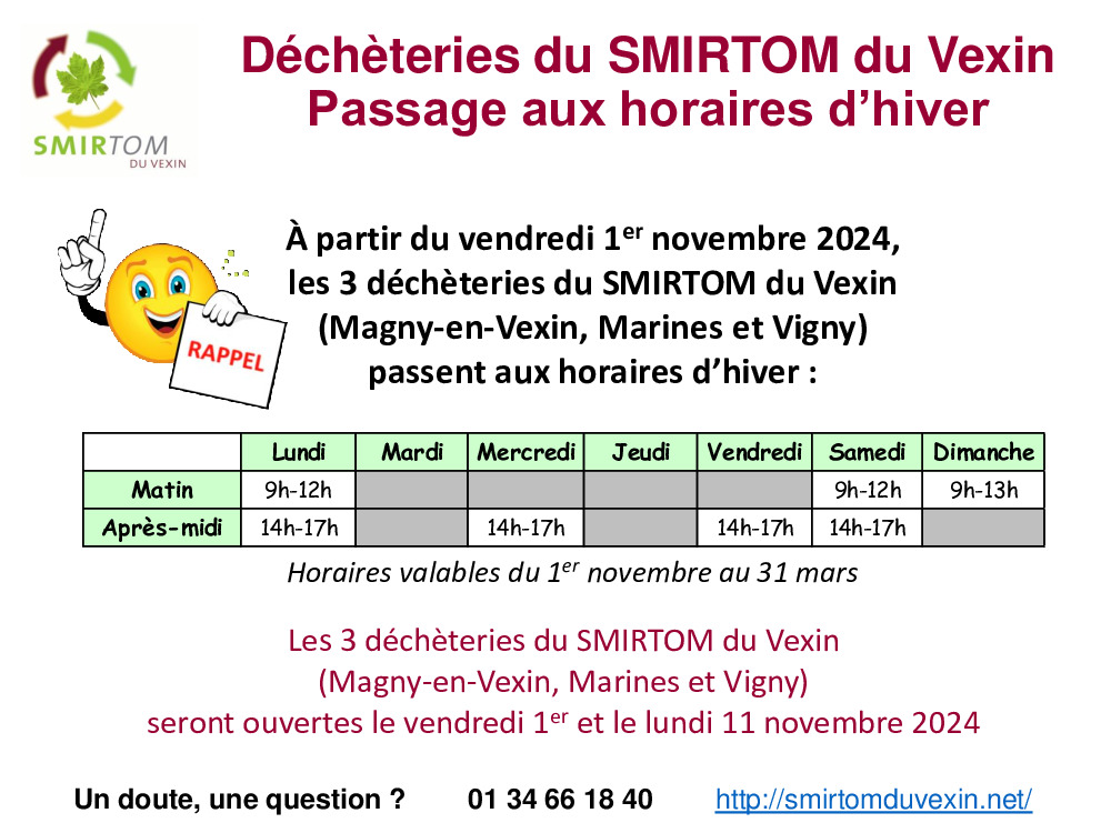 SMIRTOM du Vexin - Déchèteries horaires hiver