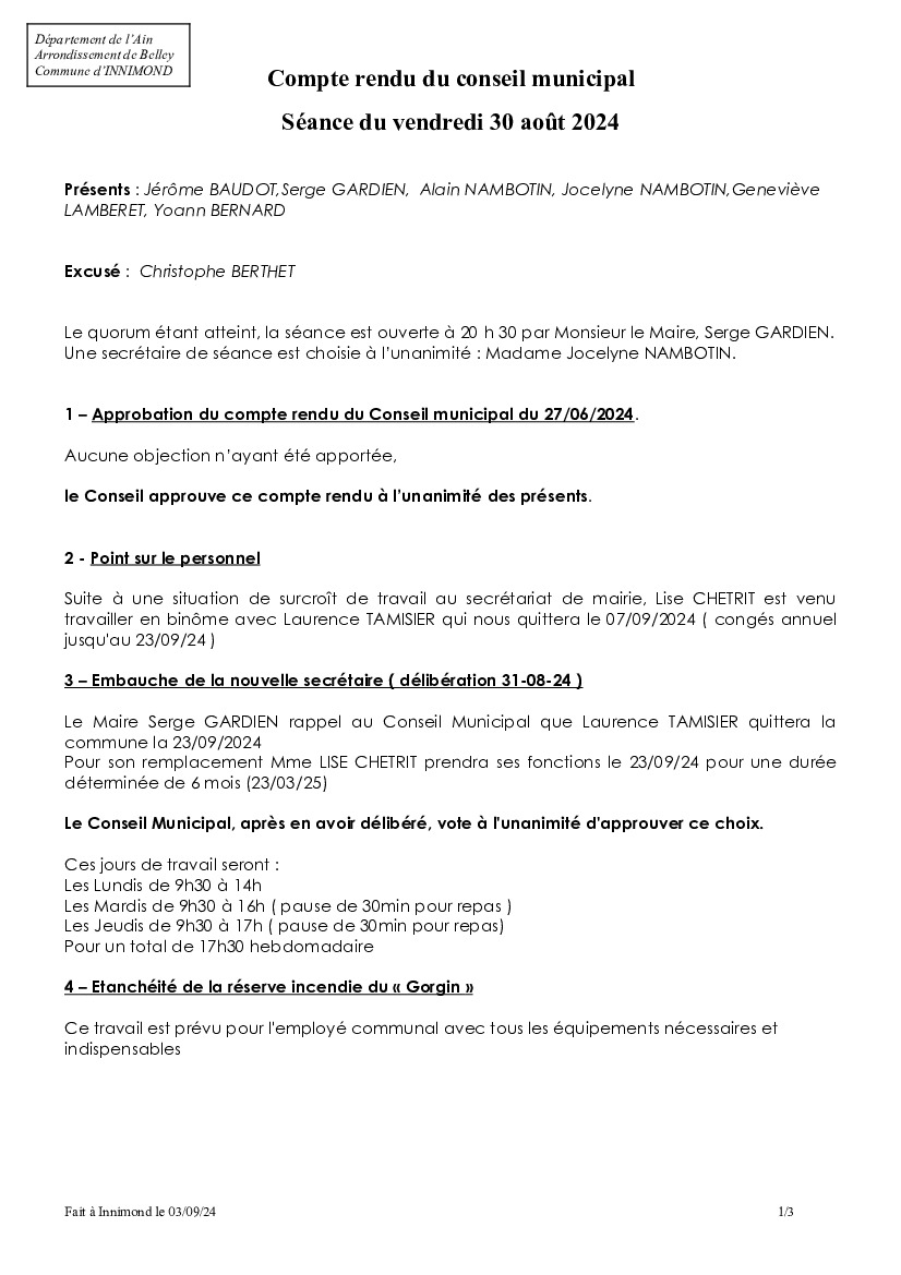 Compte rendu du Conseil municipal du 30 août 2024