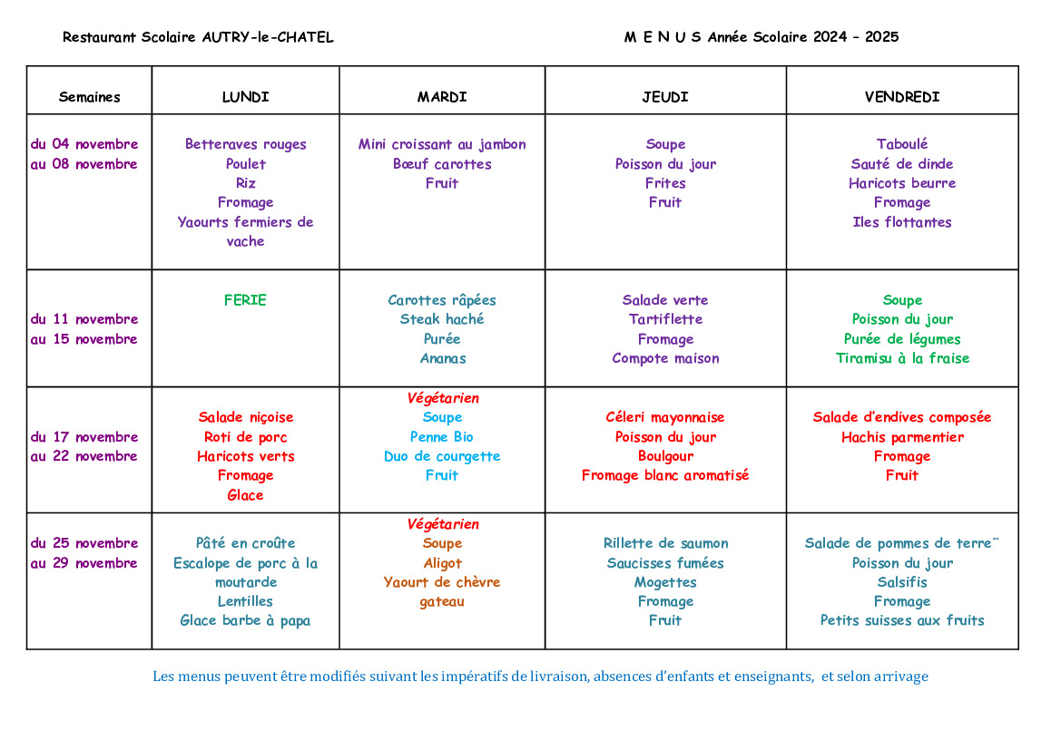 MENU DE CANTINE