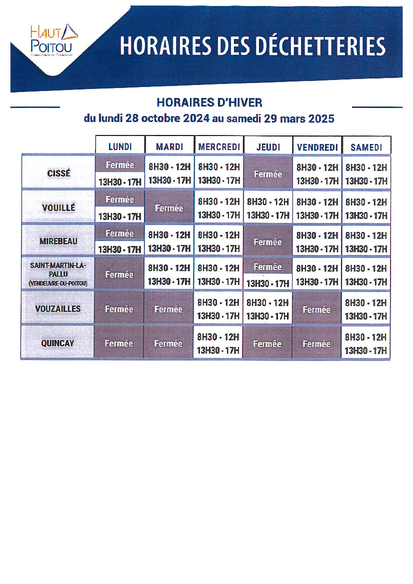 Horaires d'hiver des déchetteries