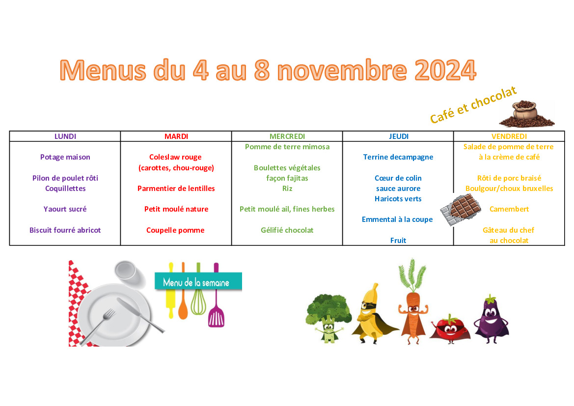 Menus du 4 au 8 novembre 2024