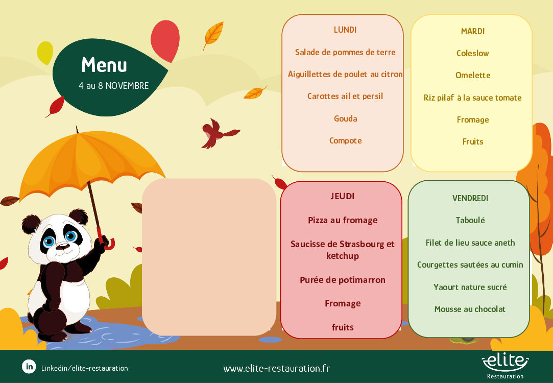 Menu cantine du 4 au 8 novembre 2024