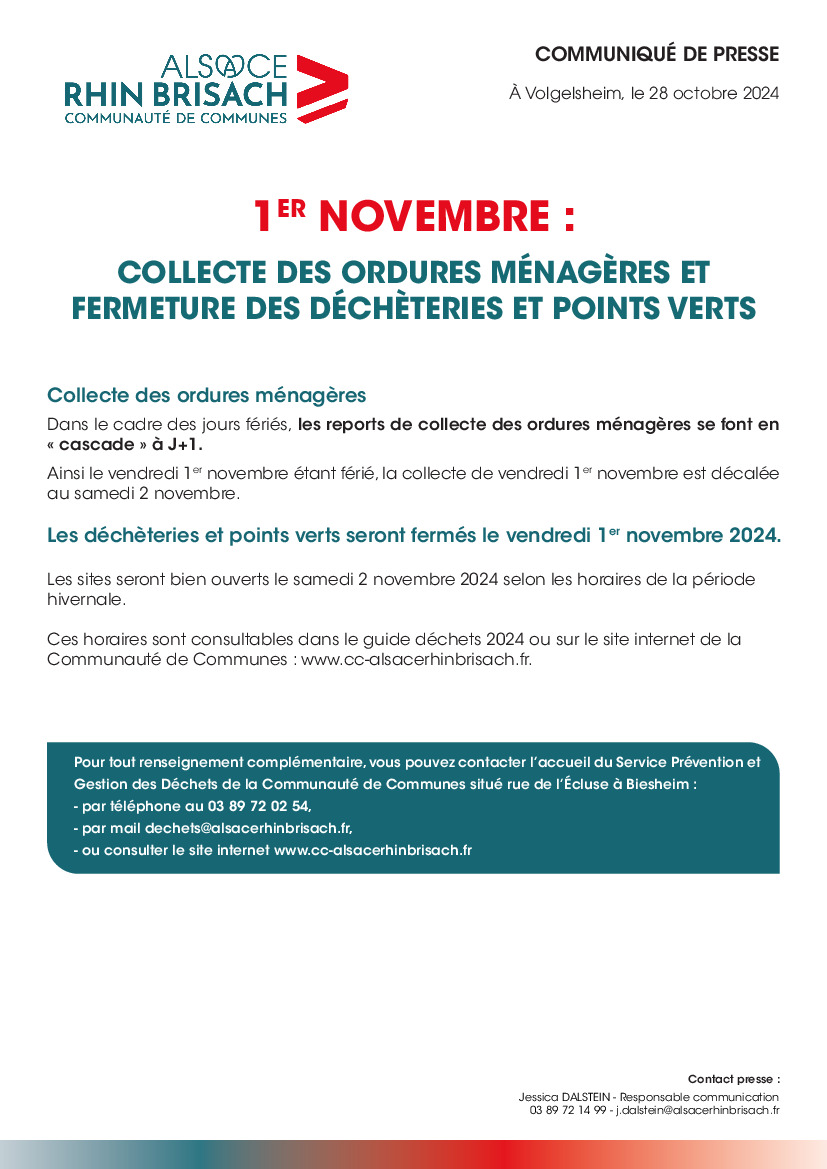 1er novembre : collecte des ordures ménagères et déchèterie