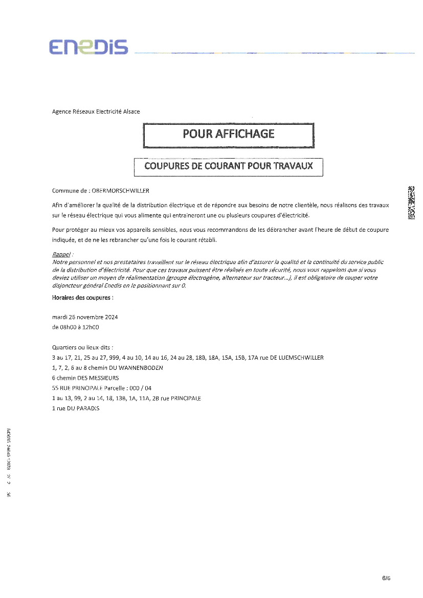 Coupure de courant pour travaux : le 26 novembre 2024