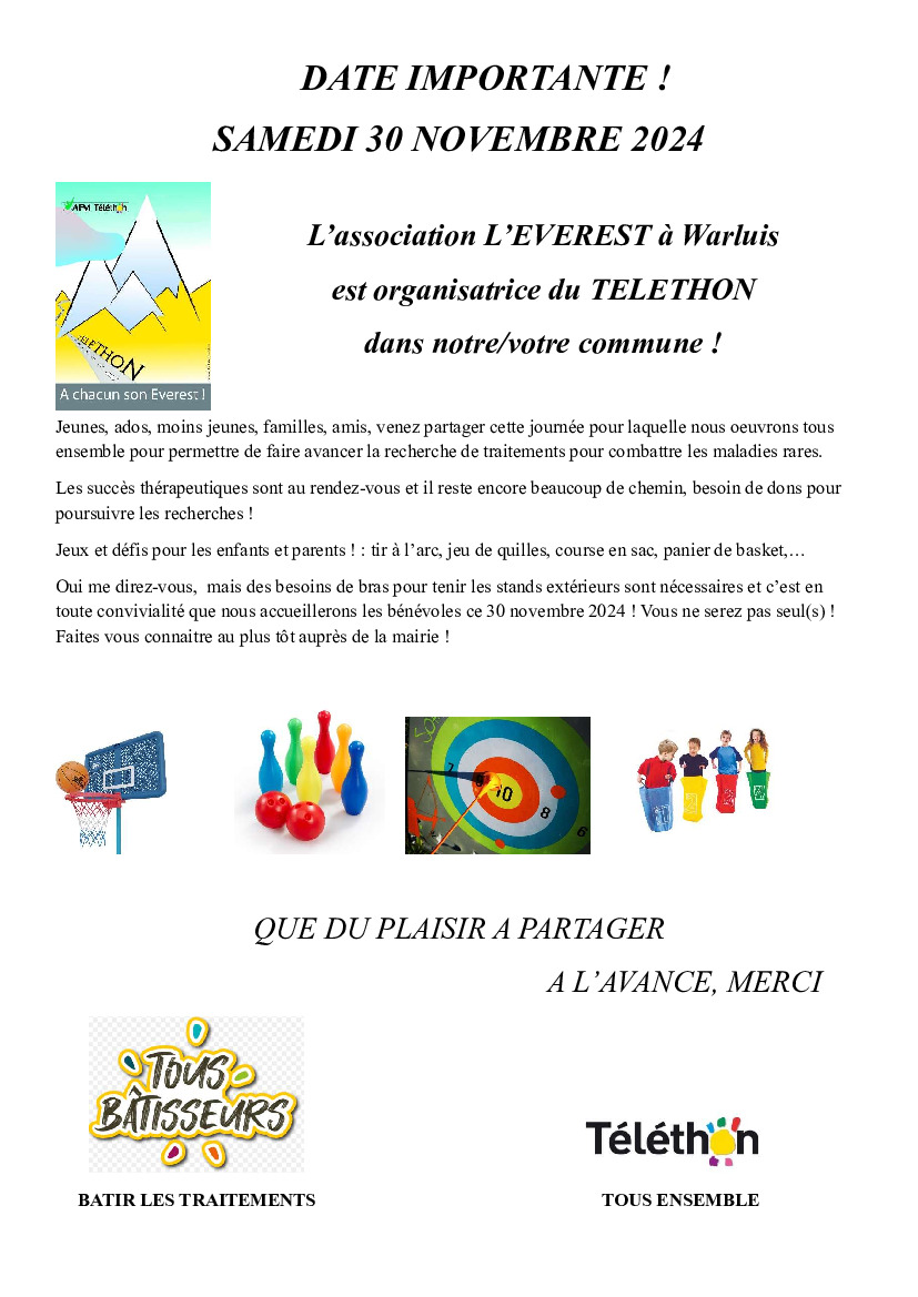 RECHERCHE BENEVOLES POUR LE TELETHON LE 30 NOVEMBRE 2024