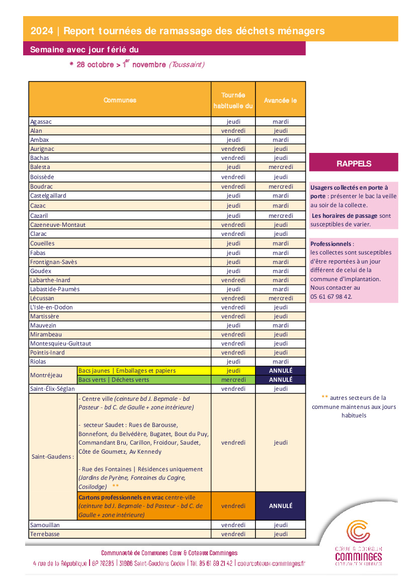 Report tournées de ramassage des déchets ménagers du 1er nov