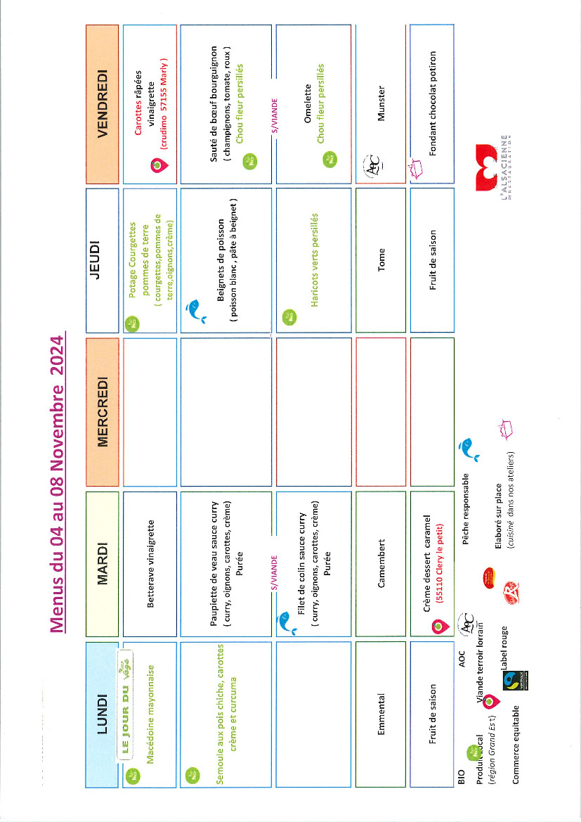 Menus de la cantine scolaire en  novembre